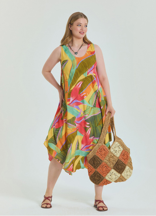 Boat Neck Loose Cut Yellow Plus Size Dress 4667